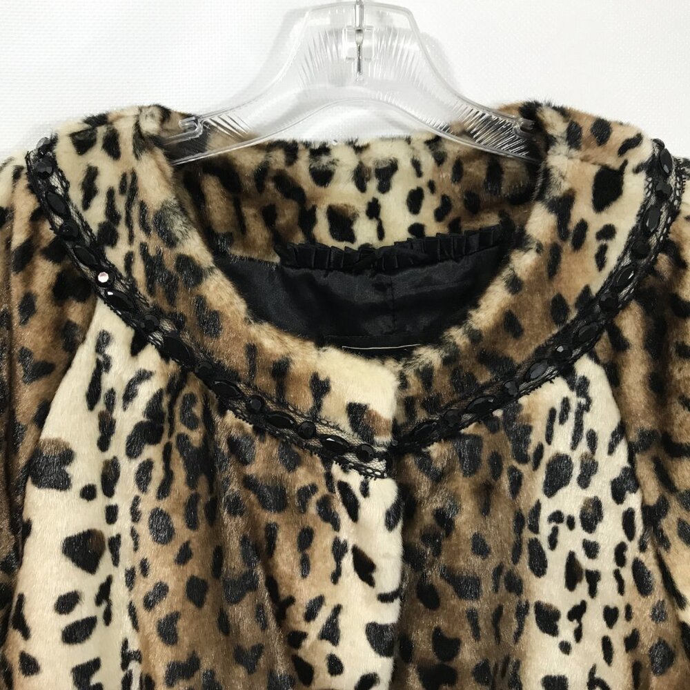 Terry Lewis Faux Fur Cropped Jacket Leopard Print Beaded and Lace Detail  NEW L